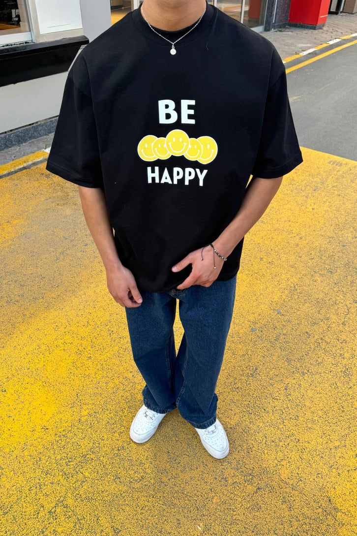 Be Happy Baskılı Oversize Tişört