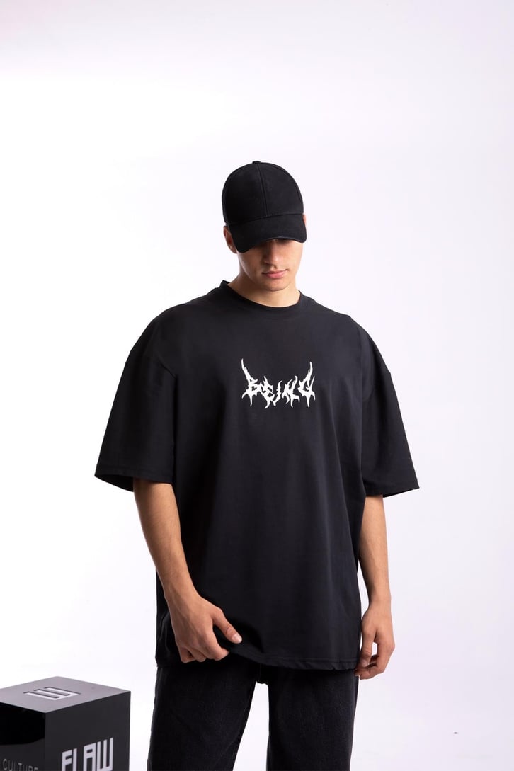 Being Sırt Baskılı Siyah Oversize Tshirt