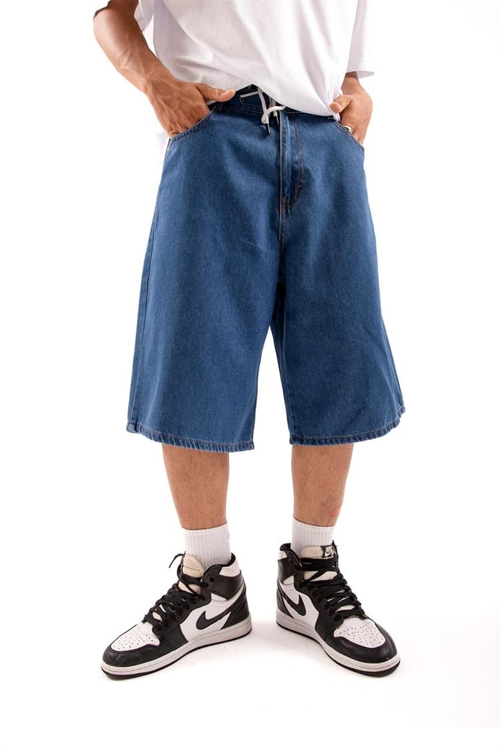 Bel Bağcıklı Koyu Mavi Baggy Şort