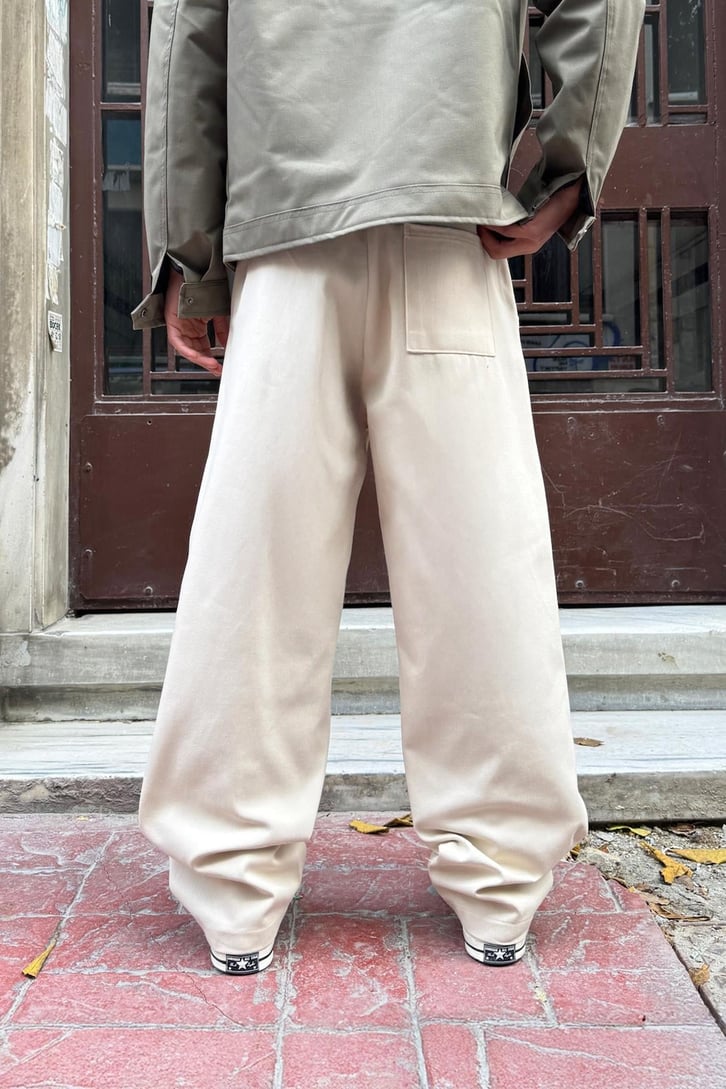 Bel Lastikli Bej Baggy Gabardin Pantolon