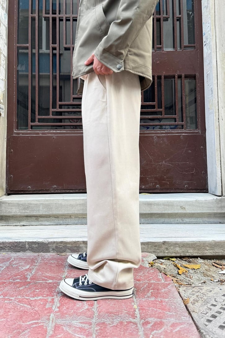 Bel Lastikli Bej Baggy Gabardin Pantolon