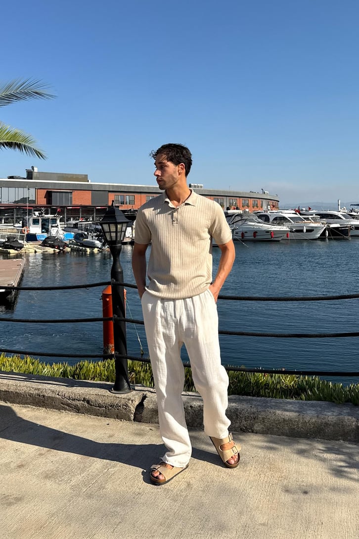 Bel Lastikli Bej Rahat Baggy Pantolon