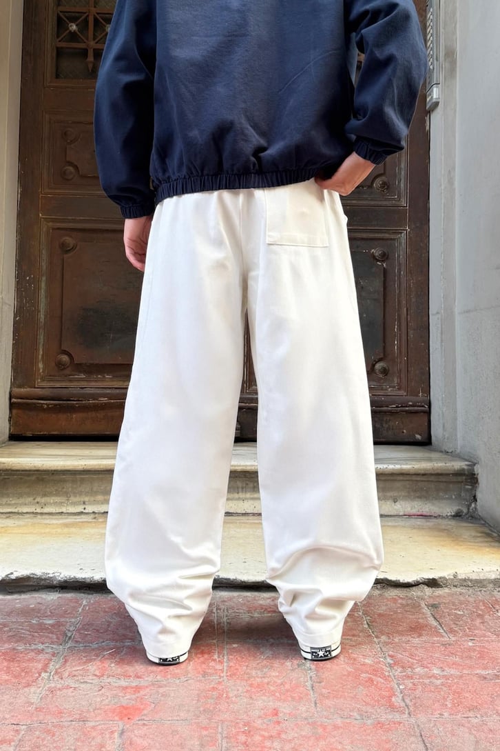Bel Lastikli Ekru Baggy Gabardin Pantolon