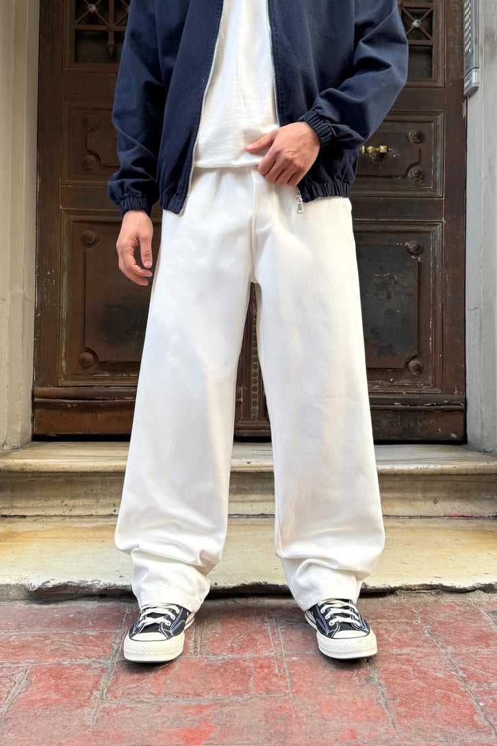 Bel Lastikli Ekru Baggy Gabardin Pantolon