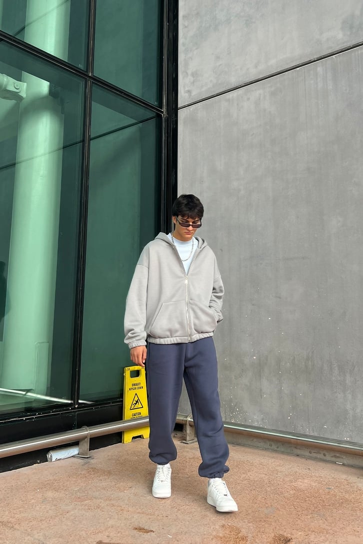 Bel Lastikli Fermuarlı Gri Oversize Sweatshirt