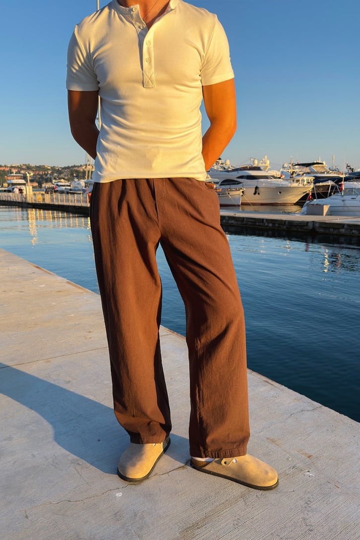 Bel Lastikli Rahat Kesim Keten Pantolon