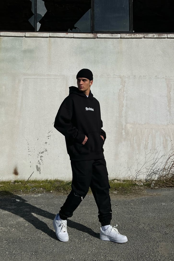 Bel Lastikli Zip Detay Siyah Jogger Pantolon