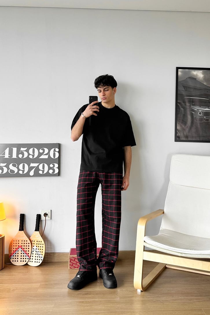 Beli Lastikli Ekose Desenli Kırmızı Pijama