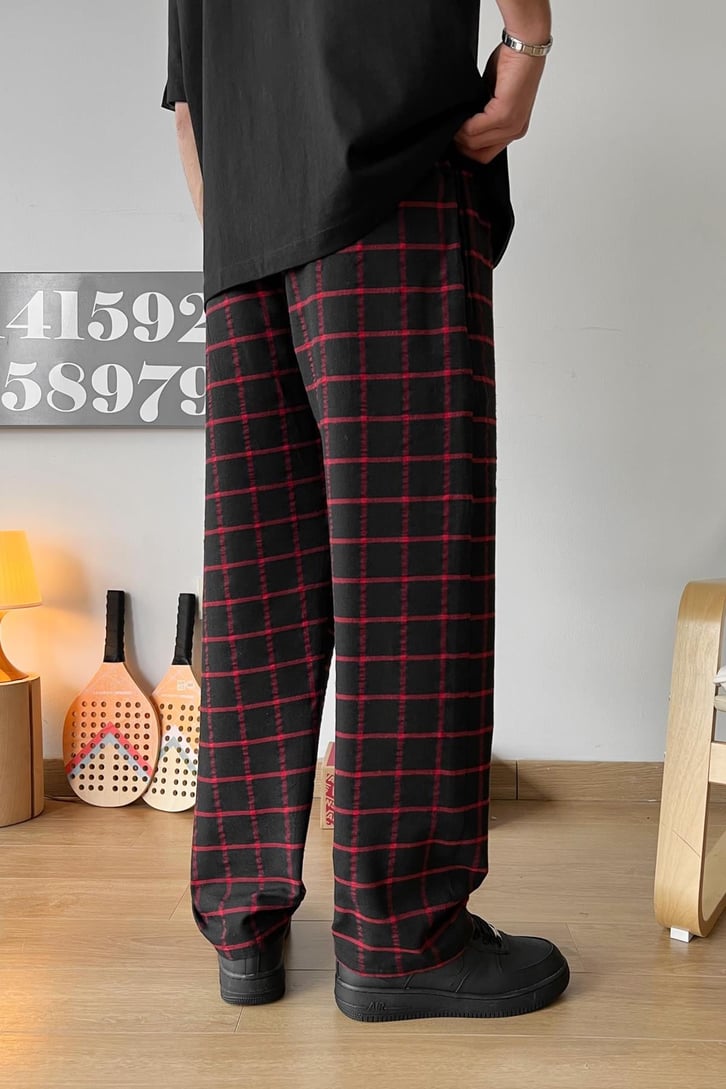Beli Lastikli Ekose Desenli Kırmızı Pijama