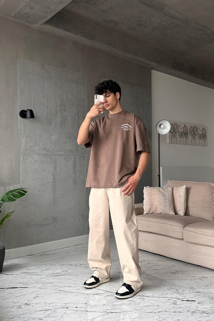 Bespoke Baskılı Kahverengi Oversize Tişört