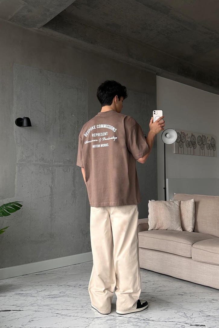 Bespoke Baskılı Kahverengi Oversize Tişört