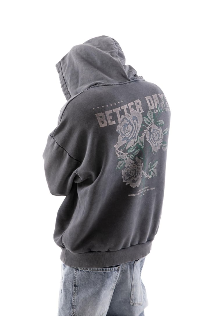 Better Days Baskılı Acid Wash Oversize Hoodie