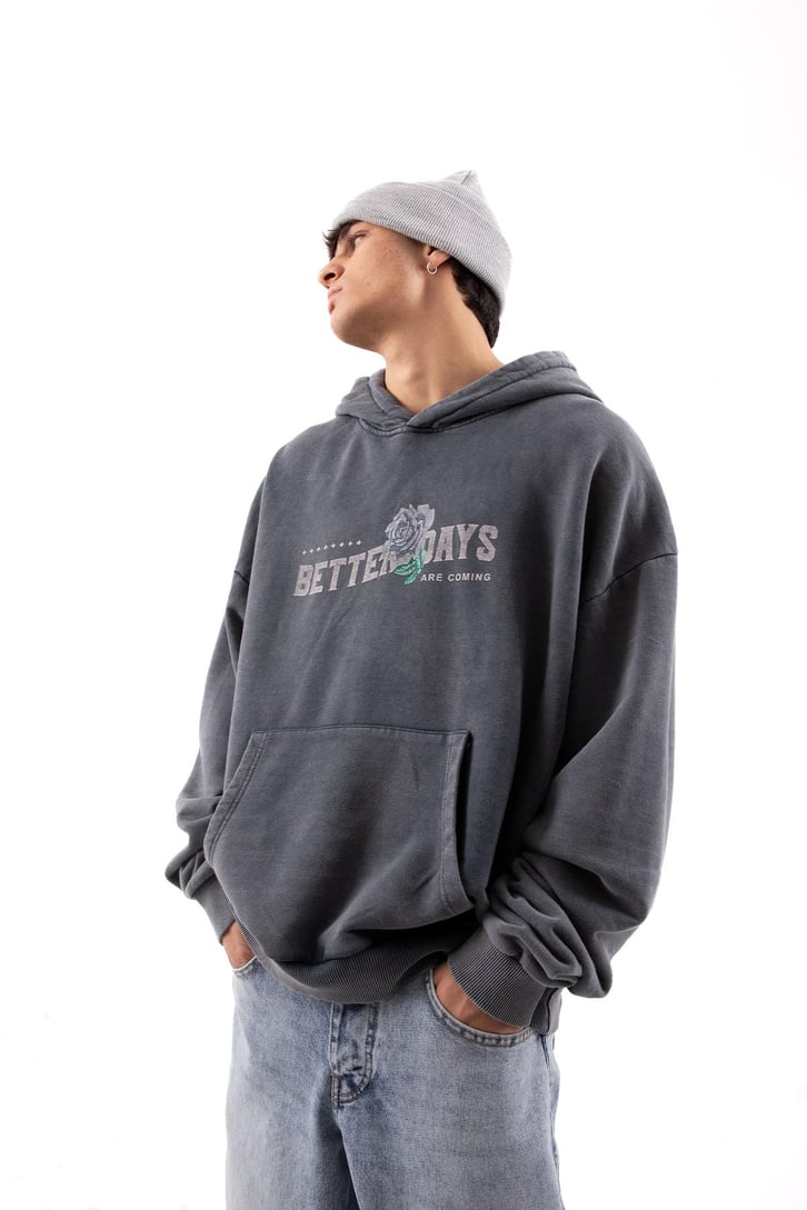Better Days Baskılı Acid Wash Oversize Hoodie