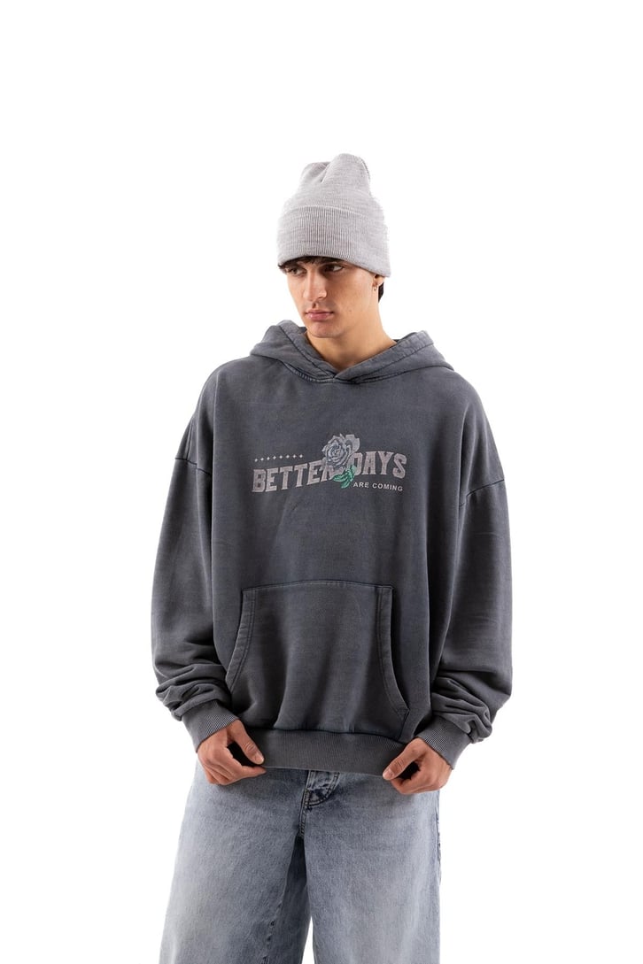 Better Days Baskılı Acid Wash Oversize Hoodie