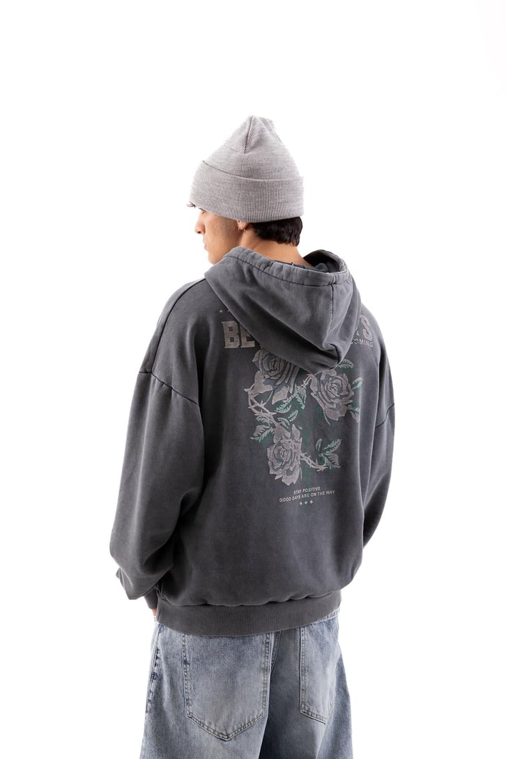 Better Days Baskılı Acid Wash Oversize Hoodie