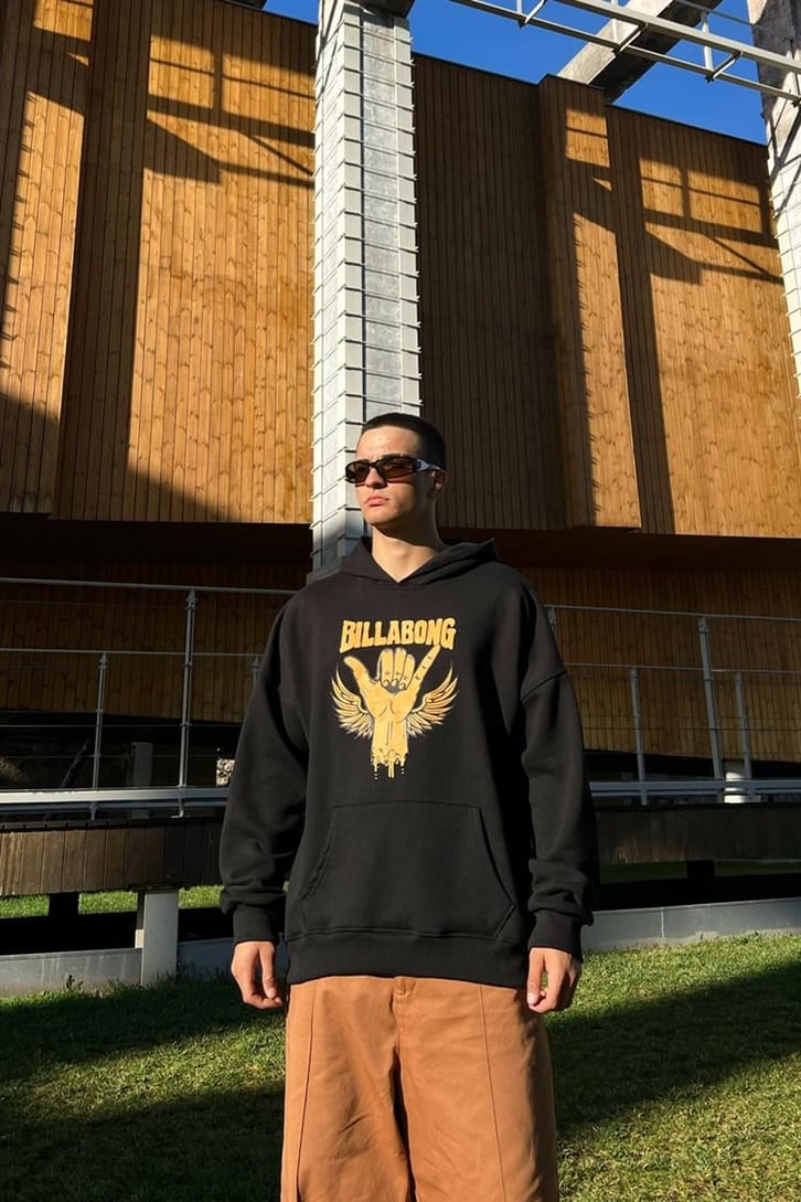 Billabong Baskılı Siyah İçi Pamuklu Oversize Hoodie