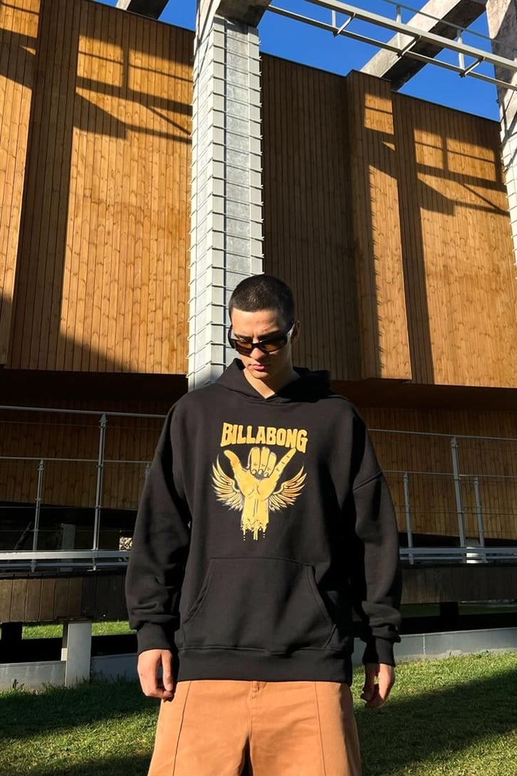 Billabong Baskılı Siyah İçi Pamuklu Oversize Hoodie