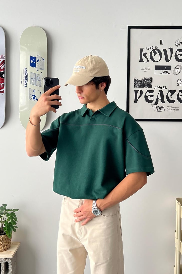 Biye Geçiş Polo Yaka Oversize Tişört