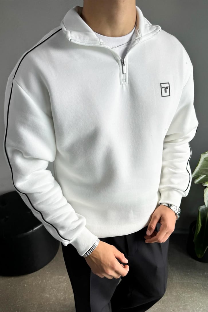 Biyeli Fermuarlı Polo Yaka Sweatshirt