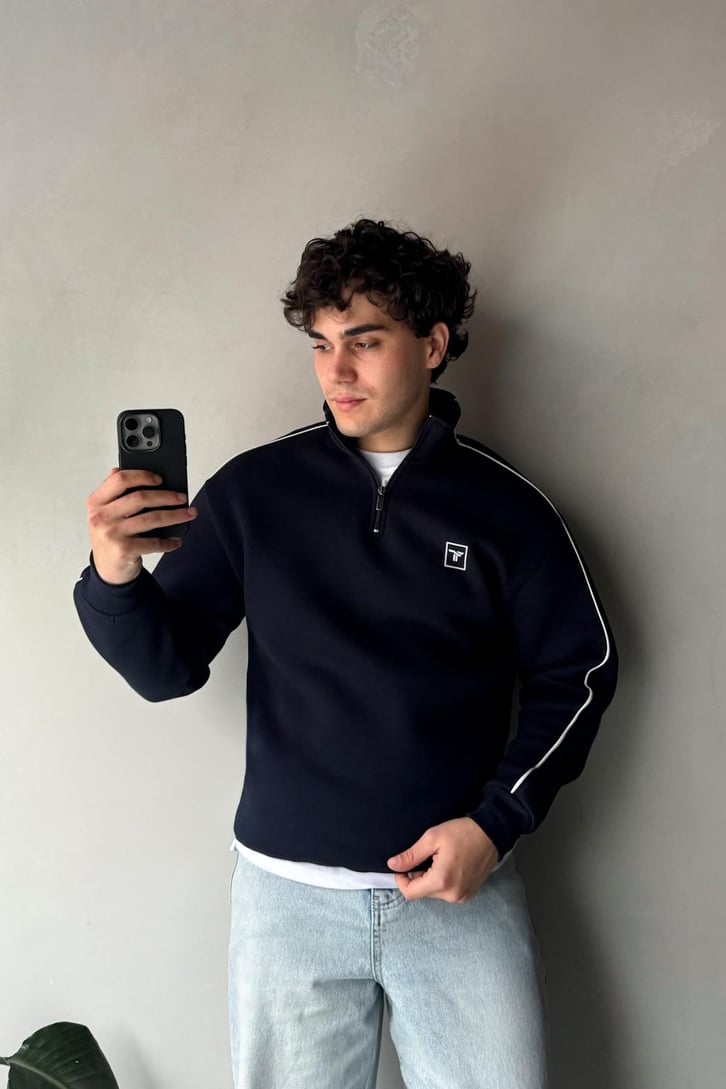 Biyeli Fermuarlı Polo Yaka Sweatshirt