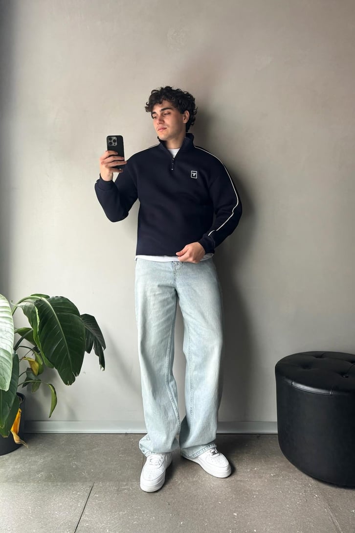 Biyeli Fermuarlı Polo Yaka Sweatshirt