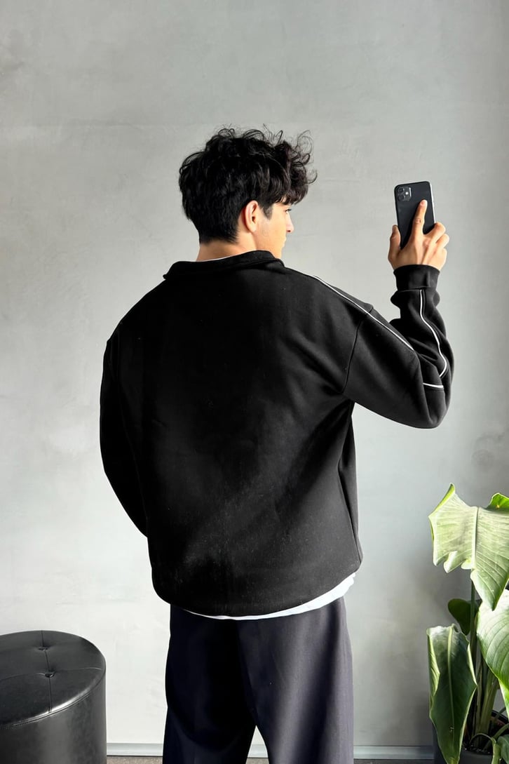 Biyeli Fermuarlı Polo Yaka Sweatshirt