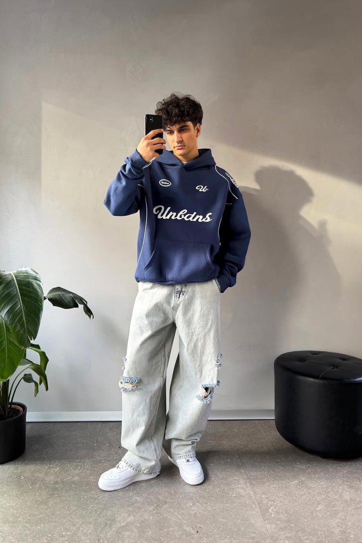 Biyeli Ön Baskılı Oversize Hoodie