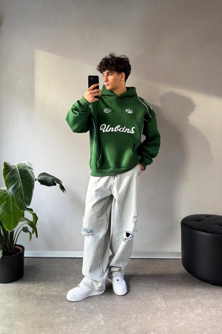 Biyeli Ön Baskılı Oversize Hoodie