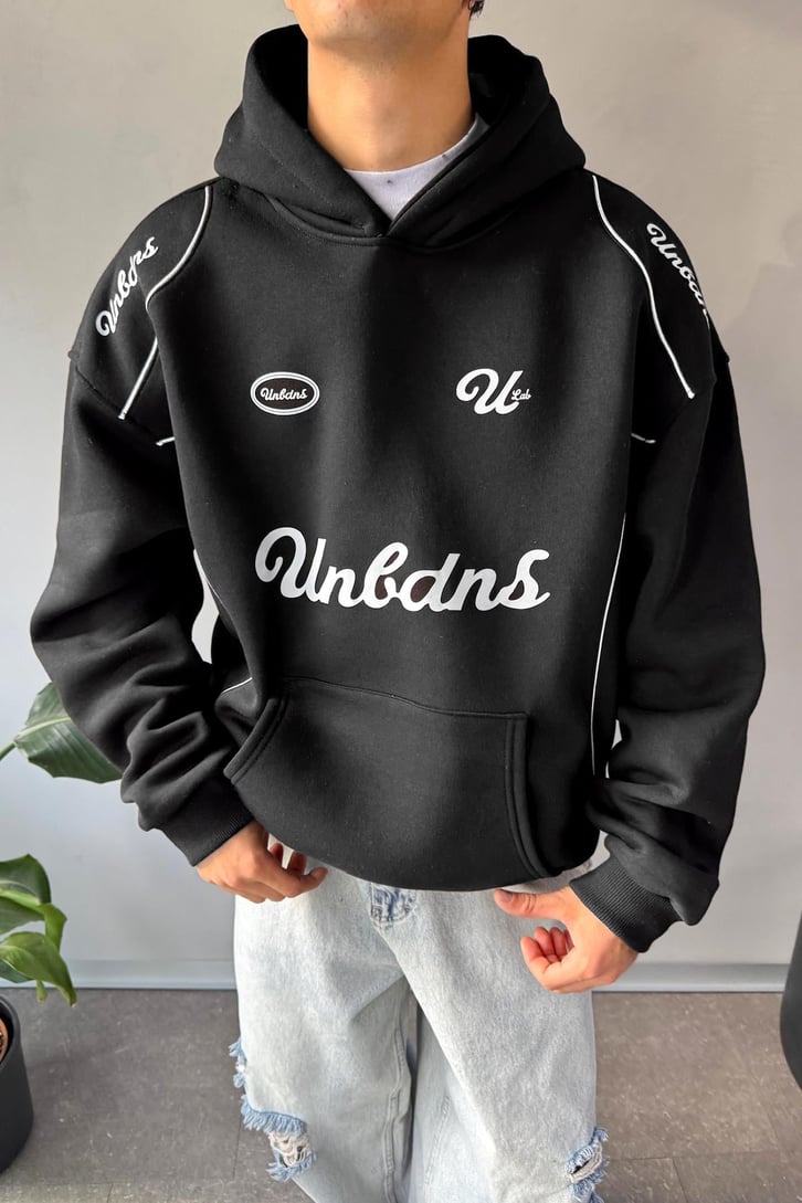 Biyeli Ön Baskılı Oversize Hoodie