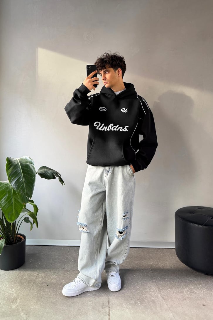 Biyeli Ön Baskılı Oversize Hoodie