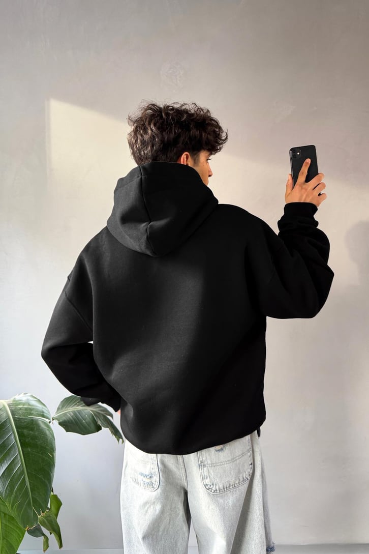 Biyeli Ön Baskılı Oversize Hoodie