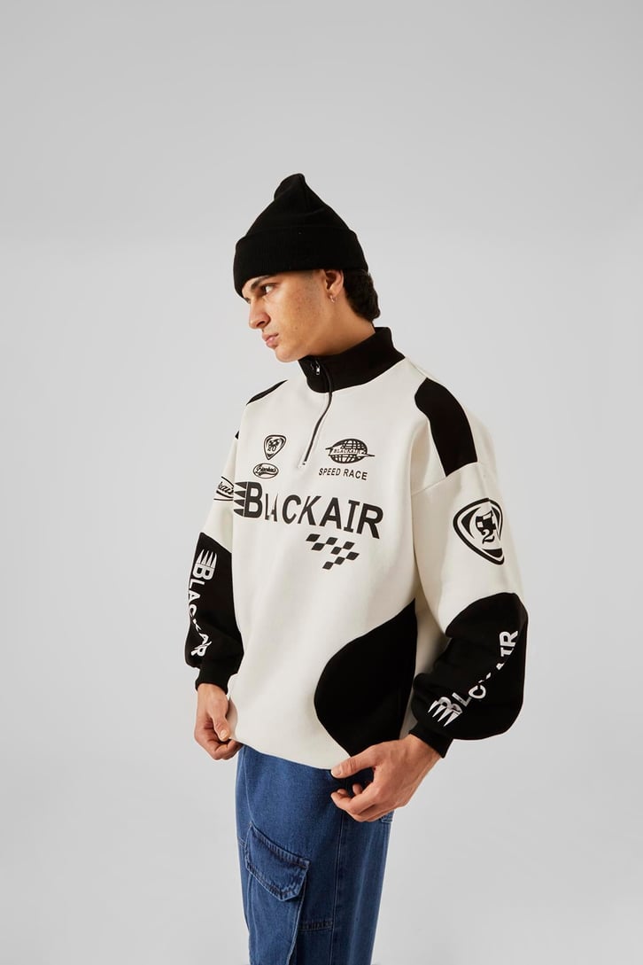 Black Air Baskılı Yarım Fermuar Gri Oversize Sweatshirt