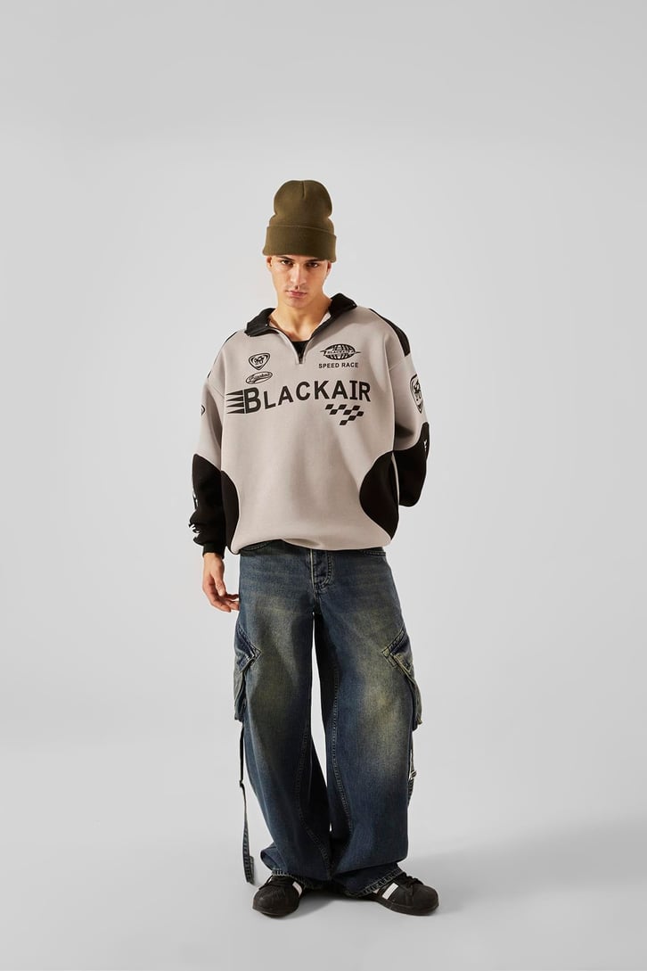 Black Air Baskılı Yarım Fermuar Gri Oversize Sweatshirt