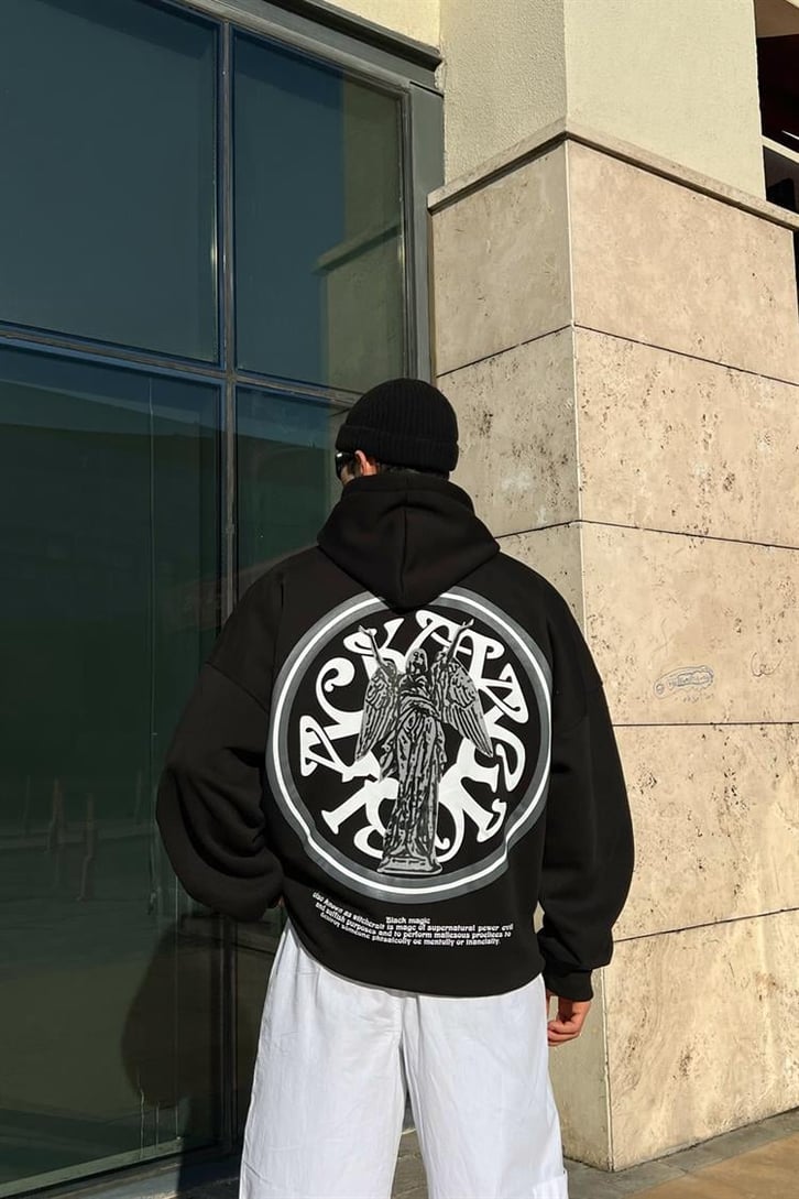 Black Magic Baskılı Siyah Oversize Hoodie