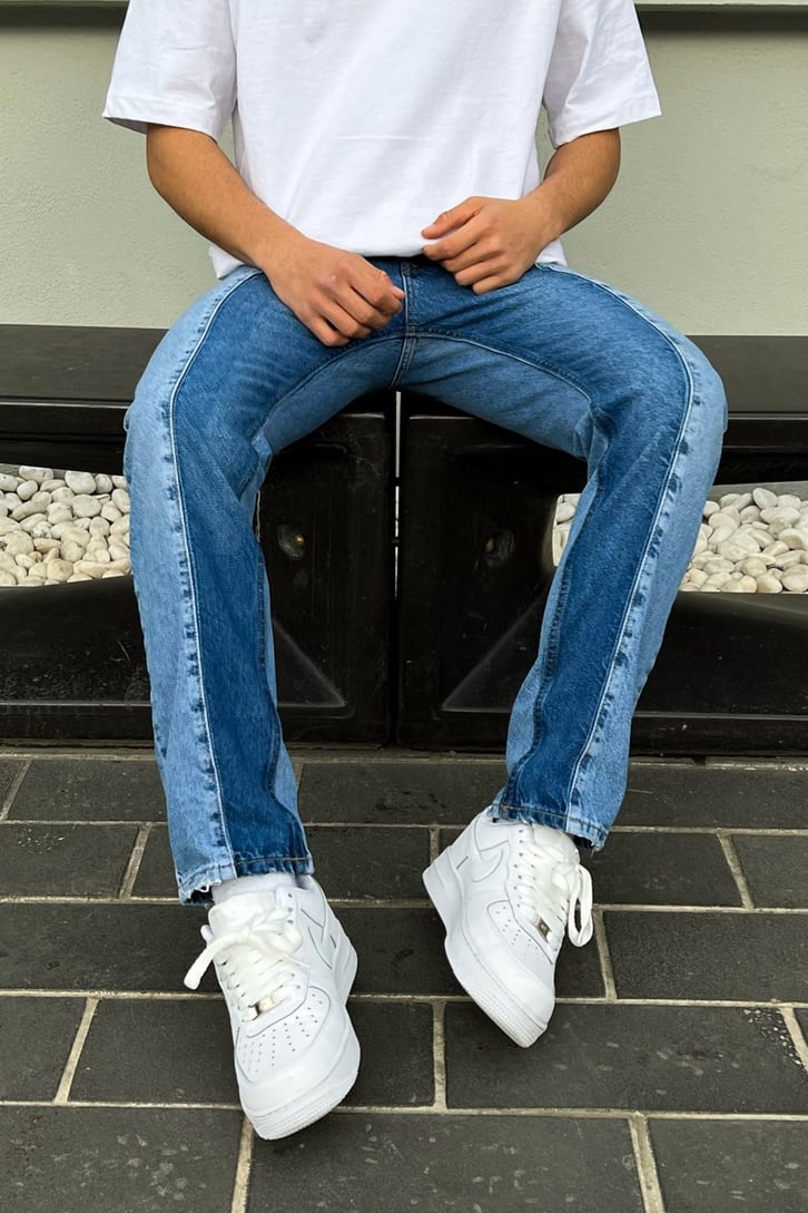 Blok Renkli Mavi Regular Fit Jean