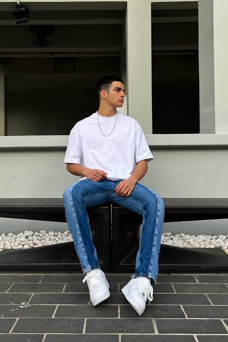 Blok Renkli Mavi Regular Fit Jean