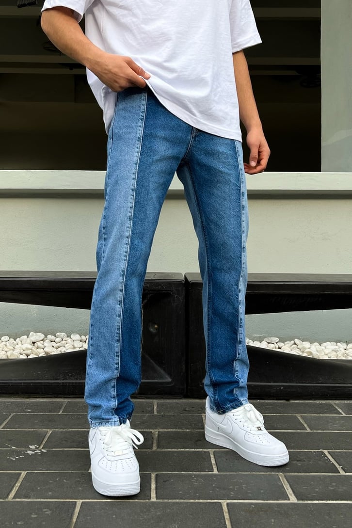 Blok Renkli Mavi Regular Fit Jean