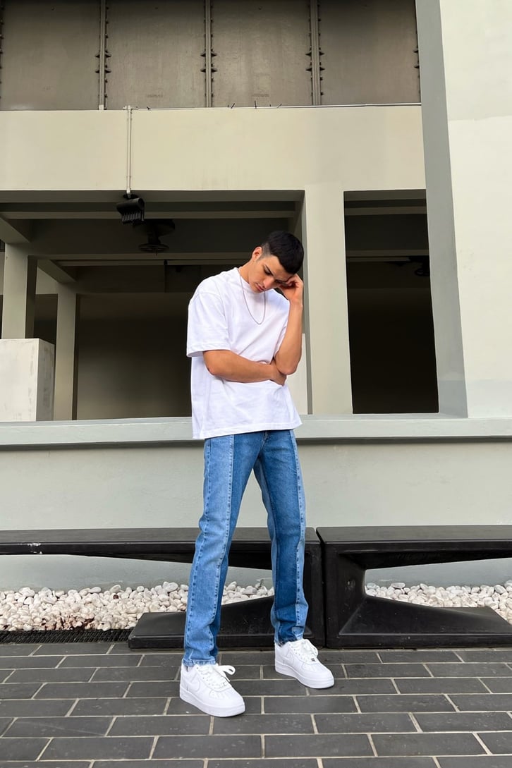 Blok Renkli Mavi Regular Fit Jean