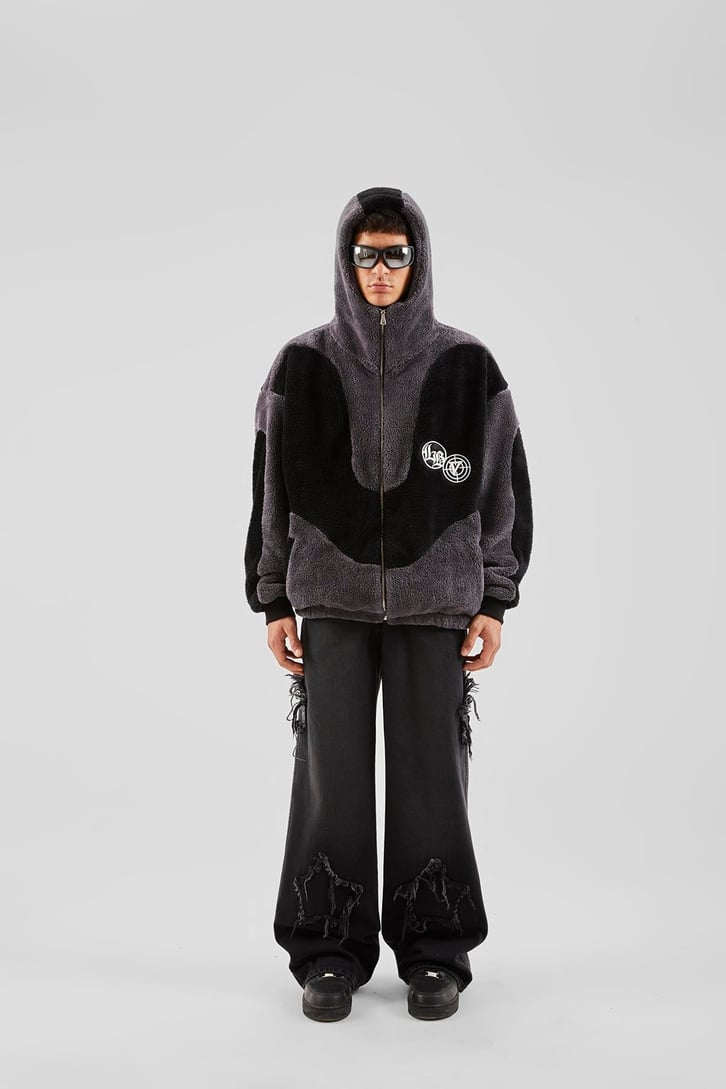 Bloklu Teddy Füme Zip Hoodie