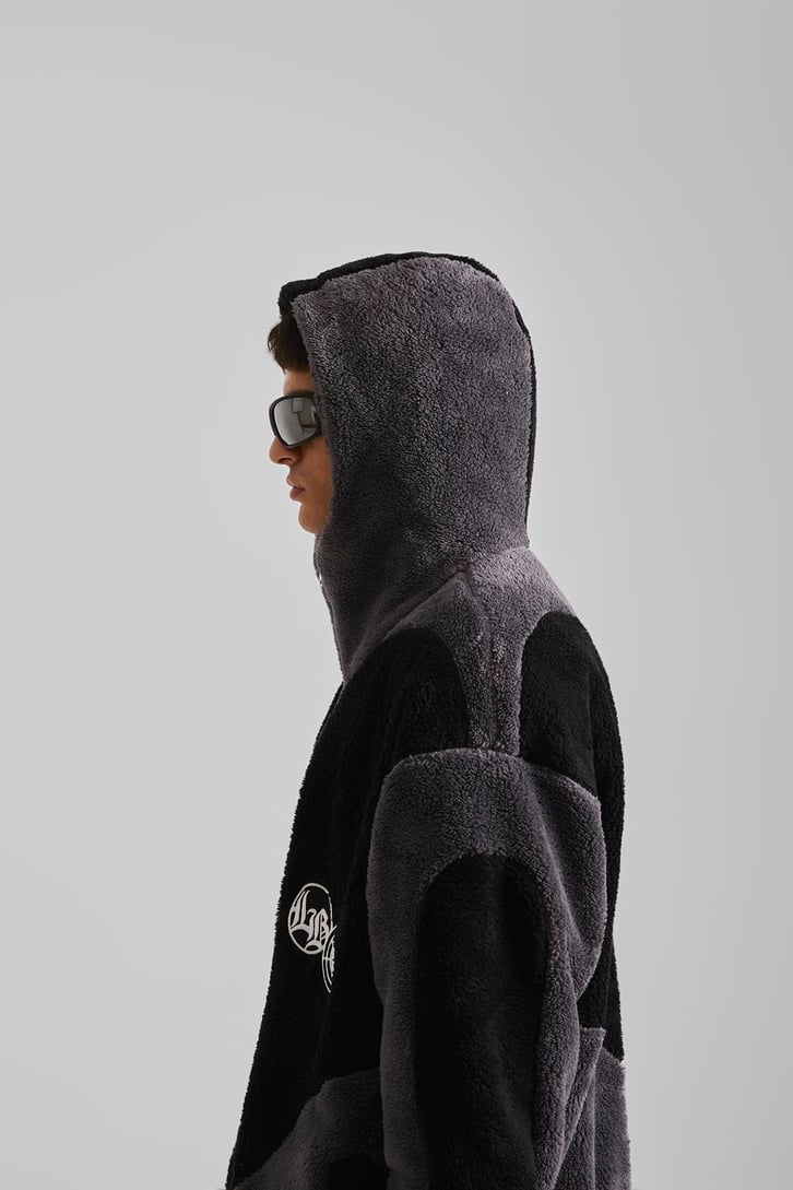 Bloklu Teddy Füme Zip Hoodie