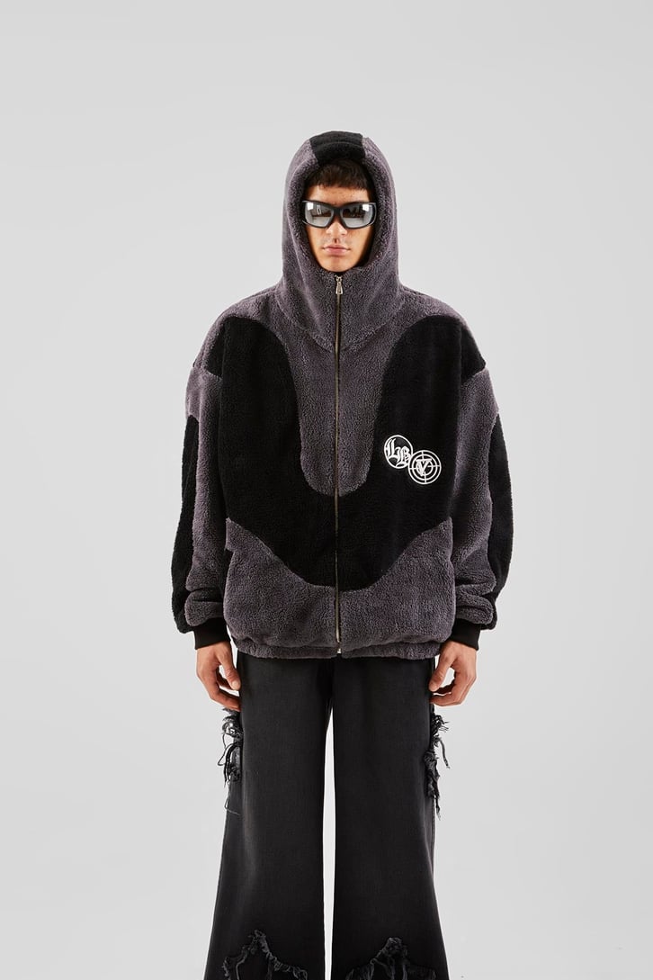 Bloklu Teddy Füme Zip Hoodie