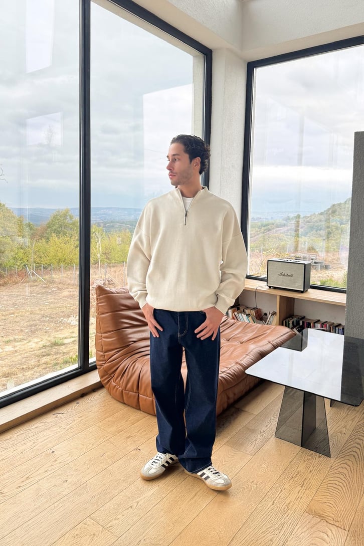 Boğazlı Half Zip Triko Kazak