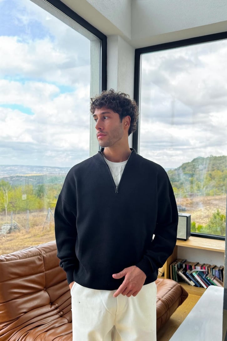 Boğazlı Half Zip Triko Kazak