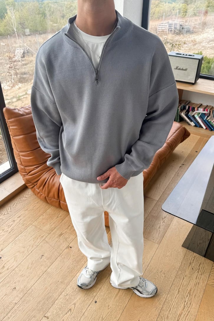 Boğazlı Half Zip Triko Kazak