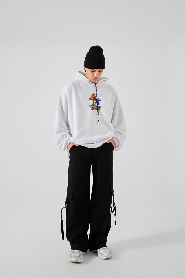 Boomer Smurf Baskılı Gri Oversize Hoodie