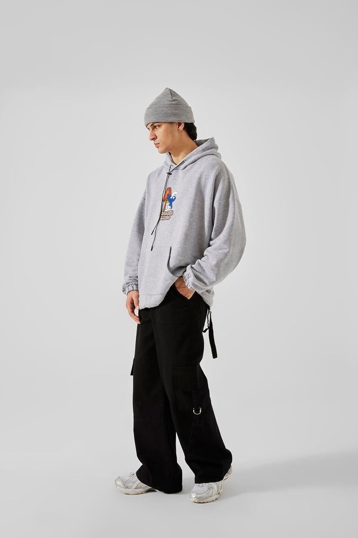 Boomer Smurf Baskılı Gri Oversize Hoodie