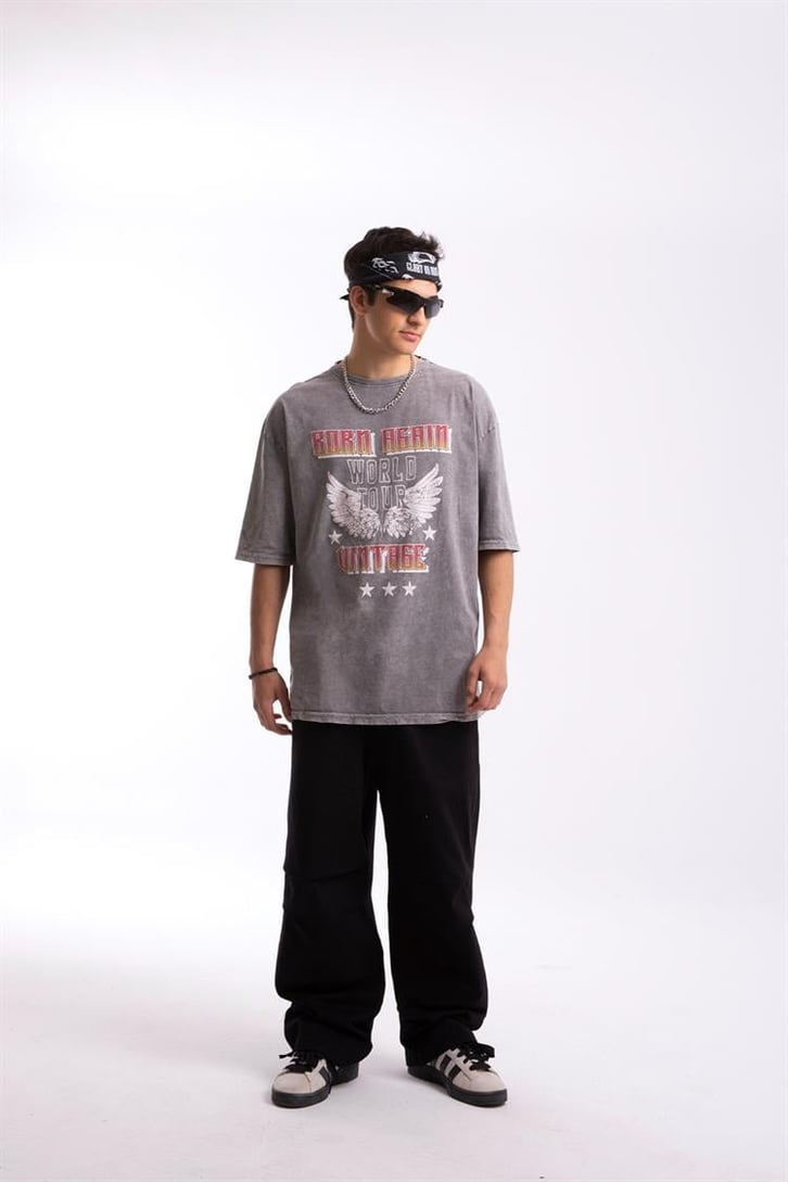Born Again Baskılı Acid Wash Oversize Tişört