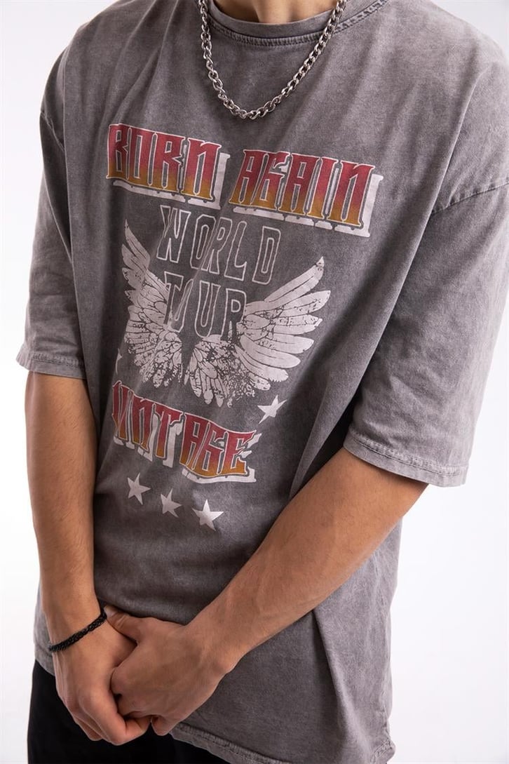 Born Again Baskılı Acid Wash Oversize Tişört