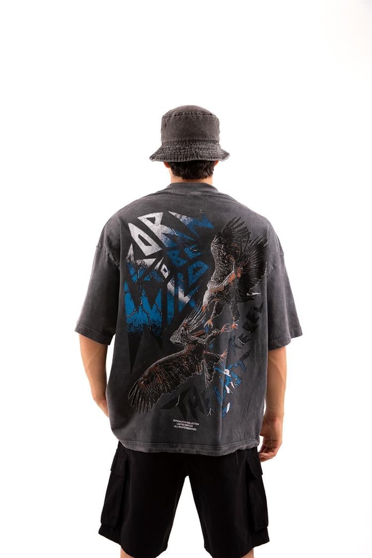 Born Wild Baskılı Acid Wash Oversize Tişört