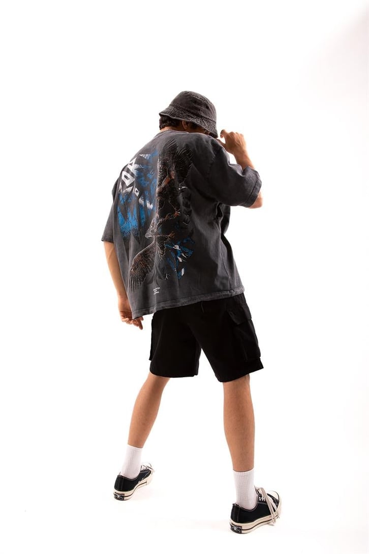 Born Wild Baskılı Acid Wash Oversize Tişört
